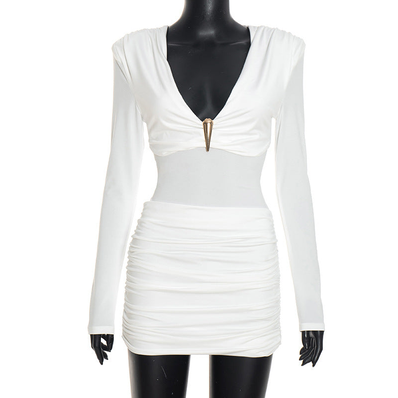 Deep V-Neck Metal Detail Long Sleeve Ruched Skirt Bodycon Mini Dress 2