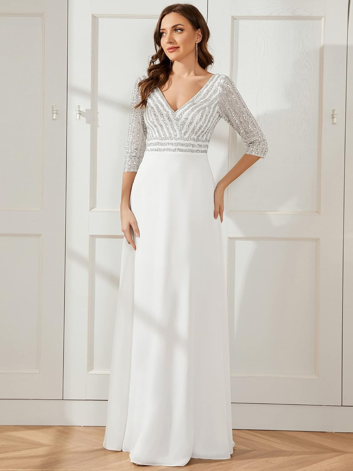 Sequin V-Neck Long Sleeve Chiffon A-Line Evening Dress