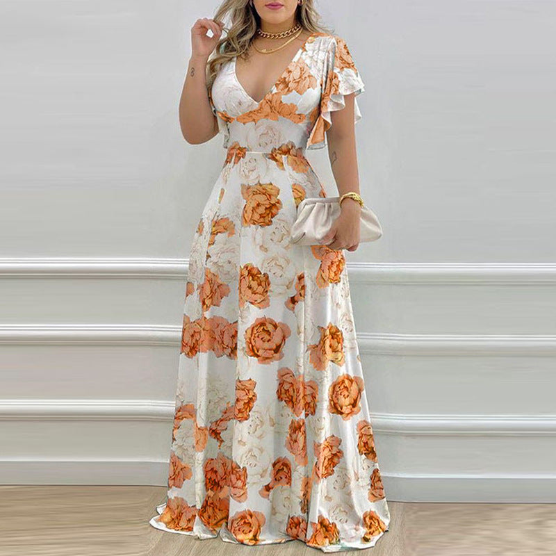 Arrival Women Clothing Summer Office V neck Waist Trimming Printing Large Swing Dress