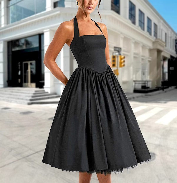 Halter Square Neck Corset Basque Waist Pleated Tulle Hem Midi Dress