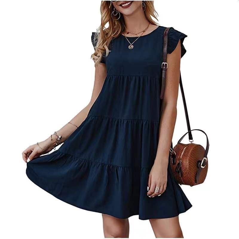 Round Neck Flutter Sleeve Tiered Swing Mini Dress 10