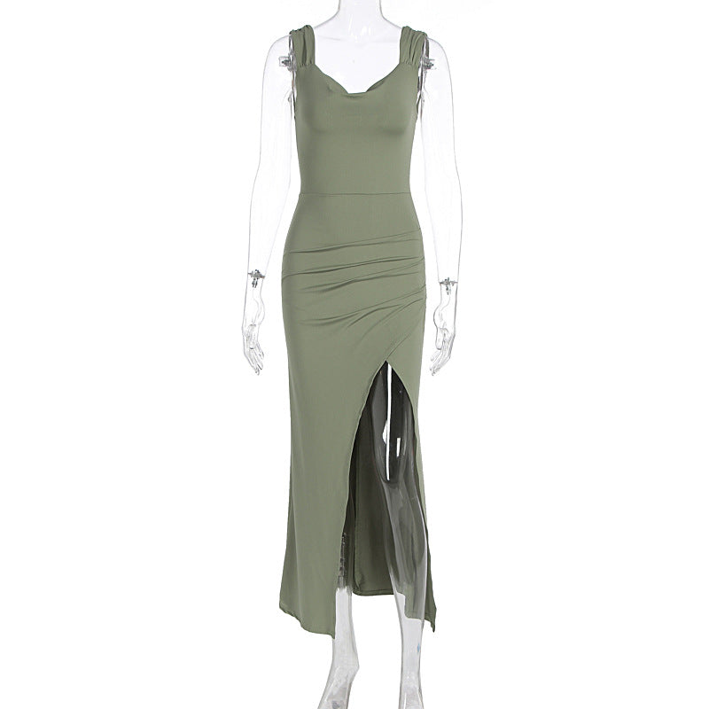Cowl Neck Wide Strap Ruched Wrap High Split Maxi Dress 4