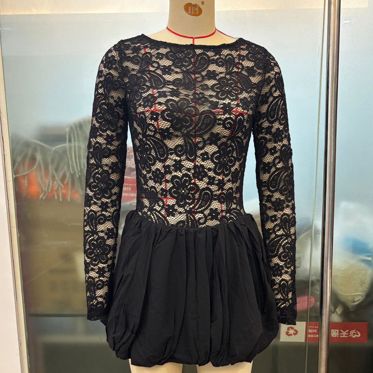 Sheer Lace Long Sleeve Boat Neck Bubble Hem Mini Dress 5