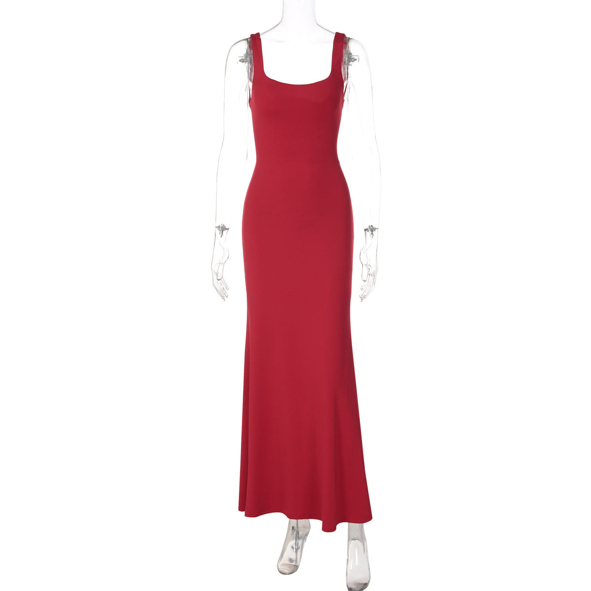 Square Neck Thick Strap Ruched Side Bodycon Maxi Dress 2