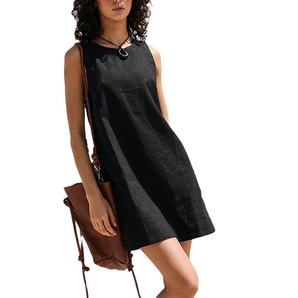 Linen-Look Sleeveless Scoop Back Side Pocket Shift Mini Dress 4