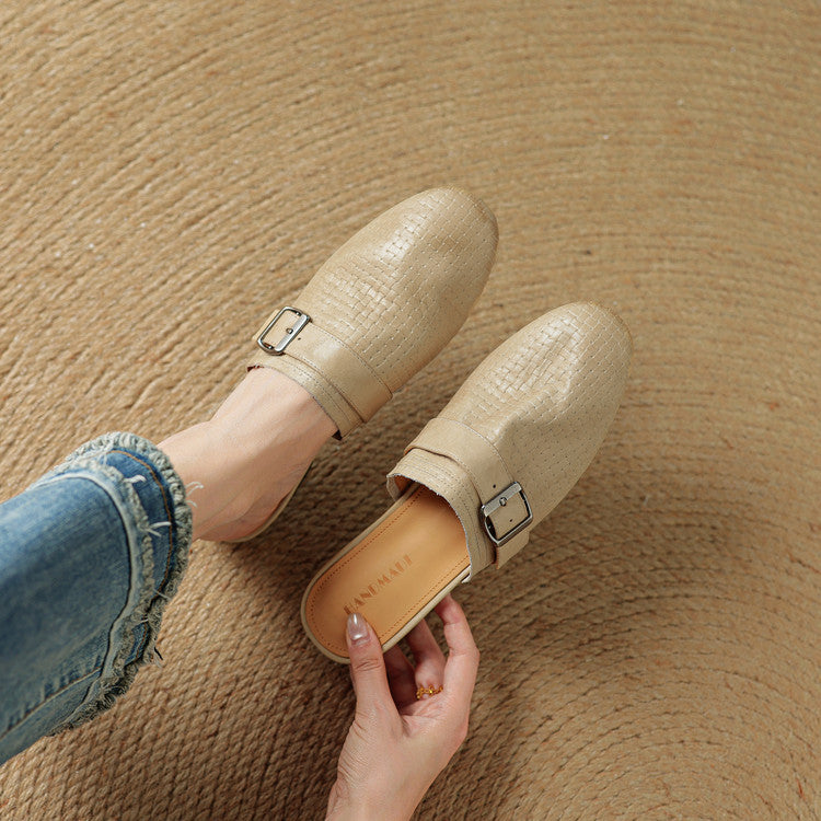 Croc Print Square Toe Buckle Flat Mules