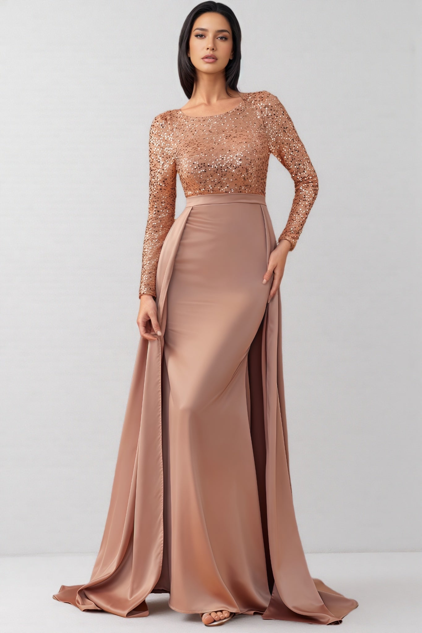 Sequin Long Sleeve Round Neck Satin Maxi Dress
