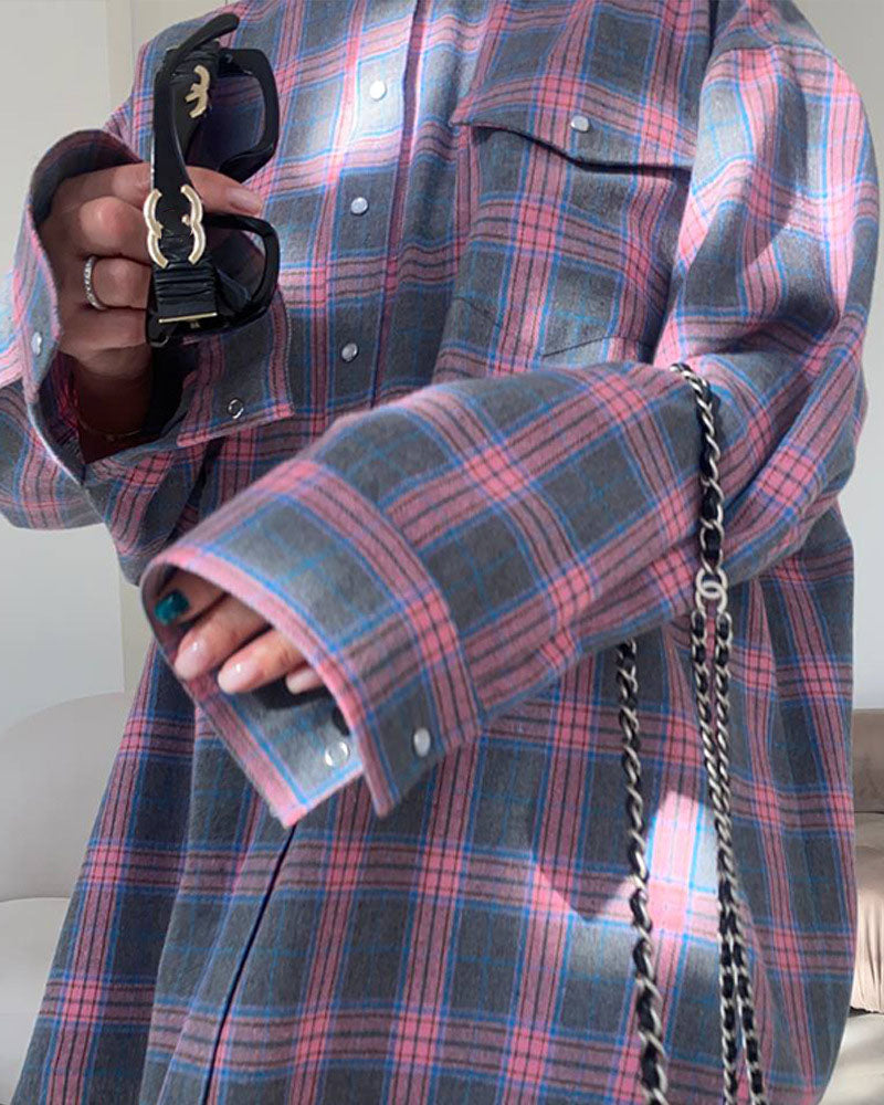 Notched Lapel Loose-Fit Plaid Long Sleeve Pocket Shirt