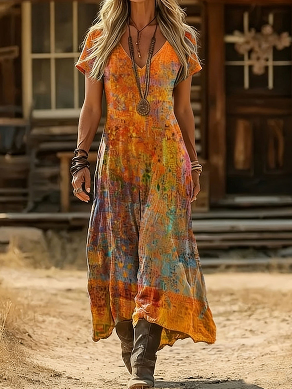 Boho Abstract Print V-Neck Short Sleeve Flowy Maxi Dress 5