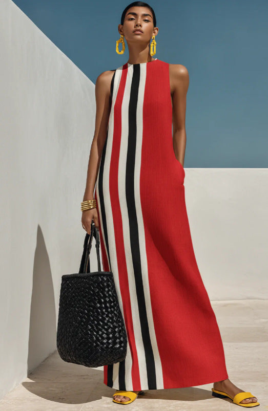 Vertical Striped Sleeveless Crew Neck Shift Maxi Dress 4