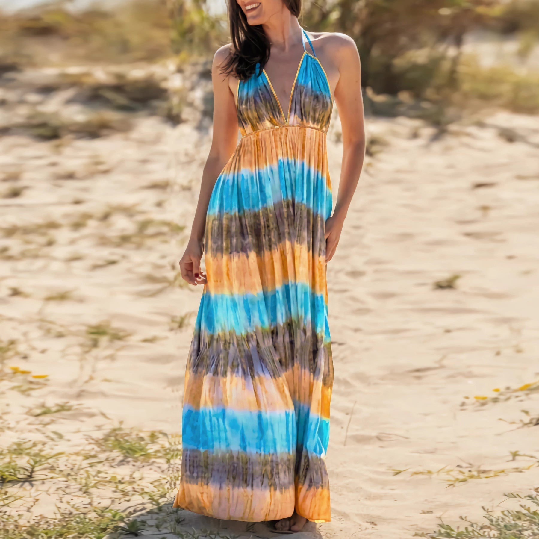 Slim Tie Dye Strap Backless Printed Dress Bohemian Beach Long