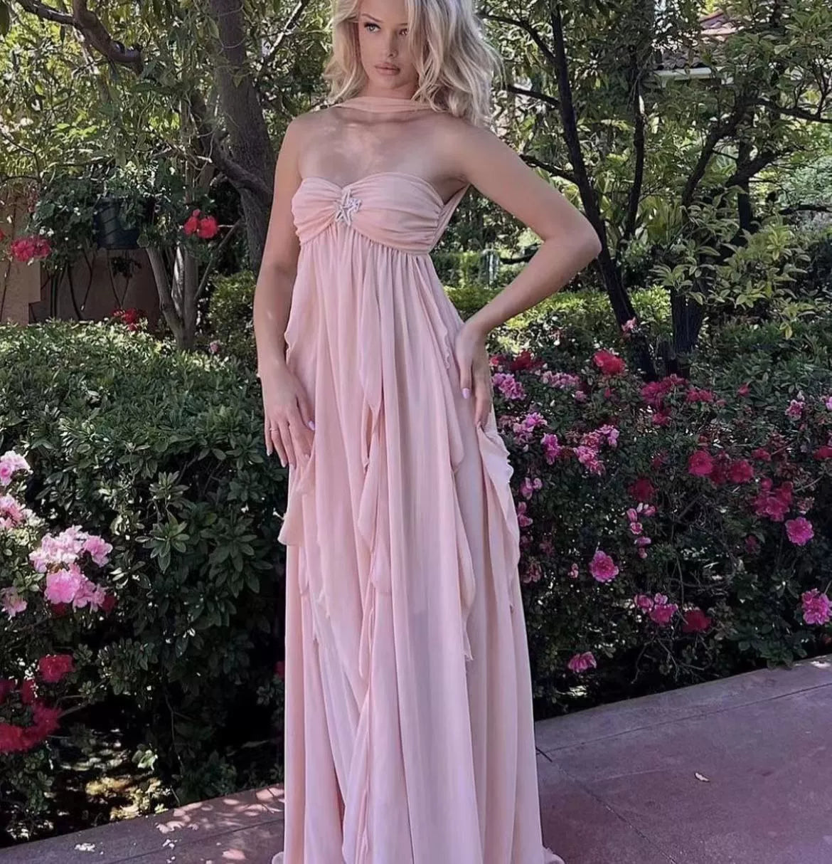 Strapless Ruched Star Embellishment Tiered Ruffle Sheer Chiffon Maxi Gown
