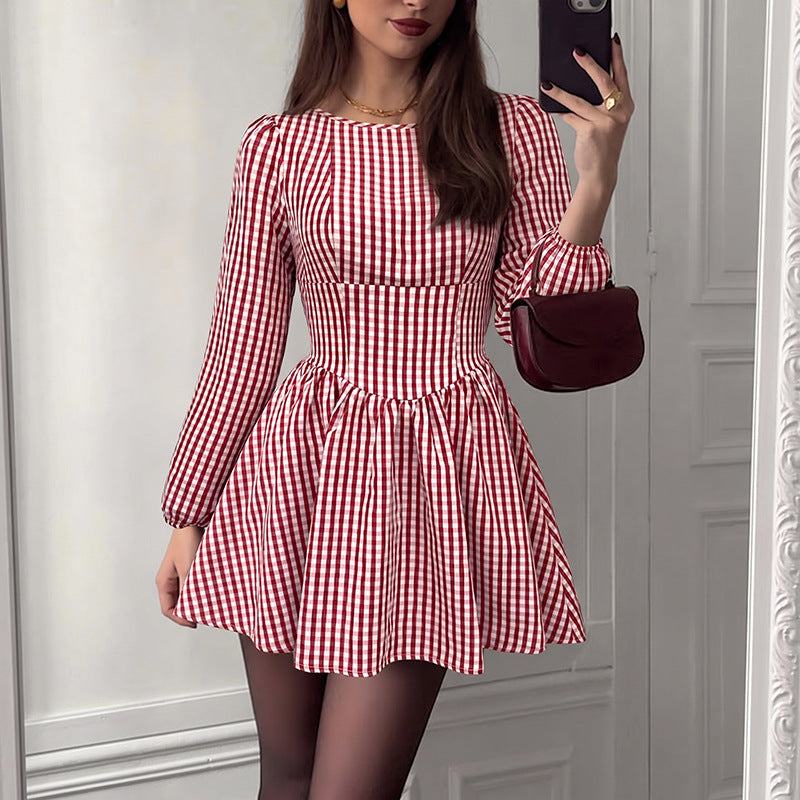 Gingham Crew Neck Long Sleeve Corset Waist Fit and Flare Mini Dress