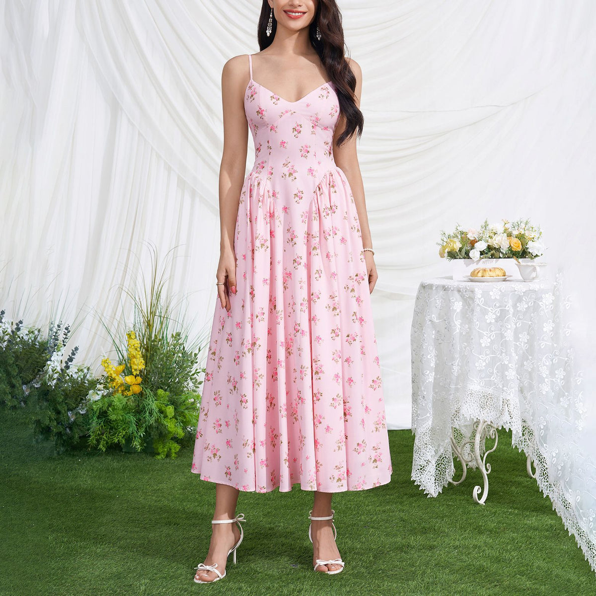 Ditsy Floral V-Neck Cami Fit and Flare Pleated Midi Dress 4