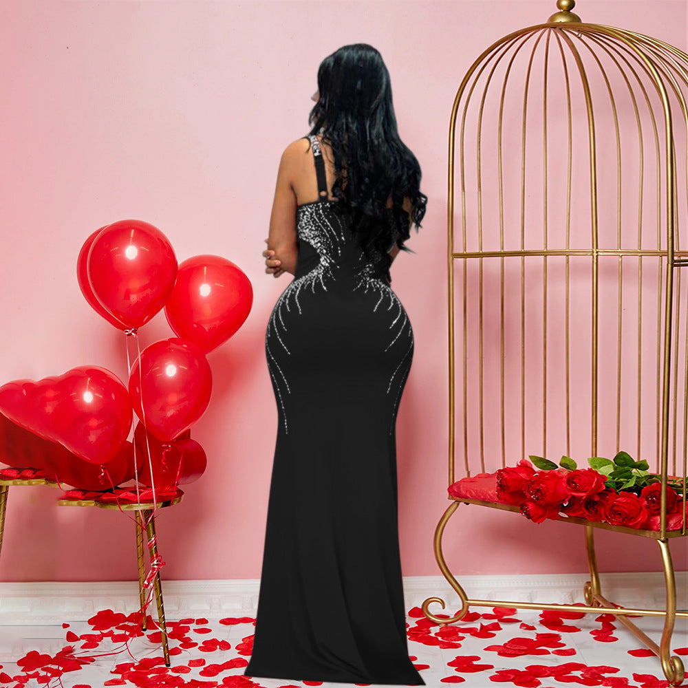 Rhinestone V-Neck Sleeveless Mesh Cut Out Mermaid Maxi Gown 3