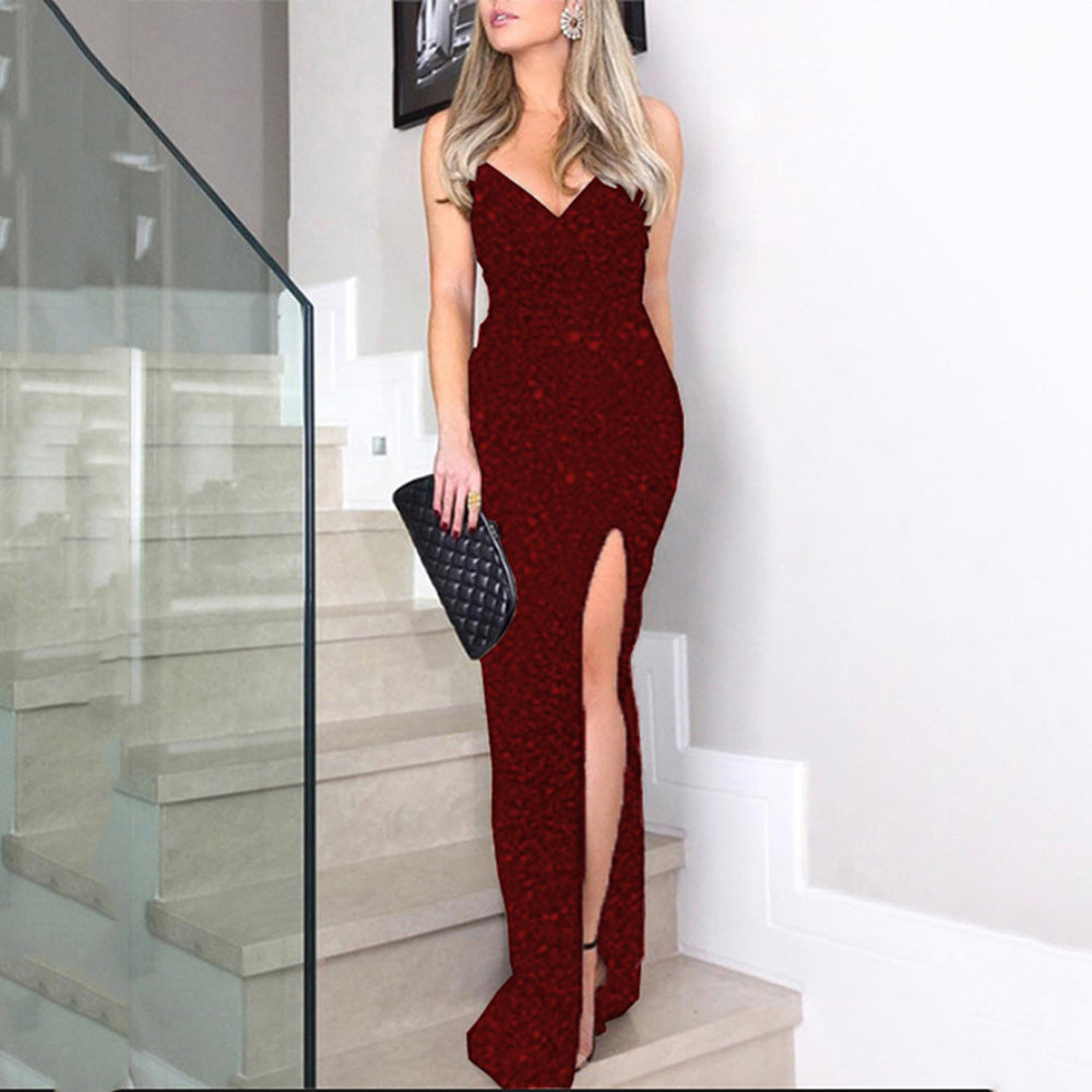 Sequin V-Neck Spaghetti Strap Ruched High Split Bodycon Maxi Dress
