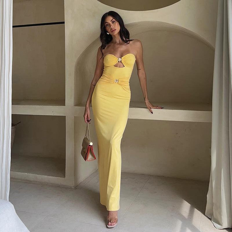 Strapless Cut Out Bust Ring Detail Ruched Bodycon Maxi Dress