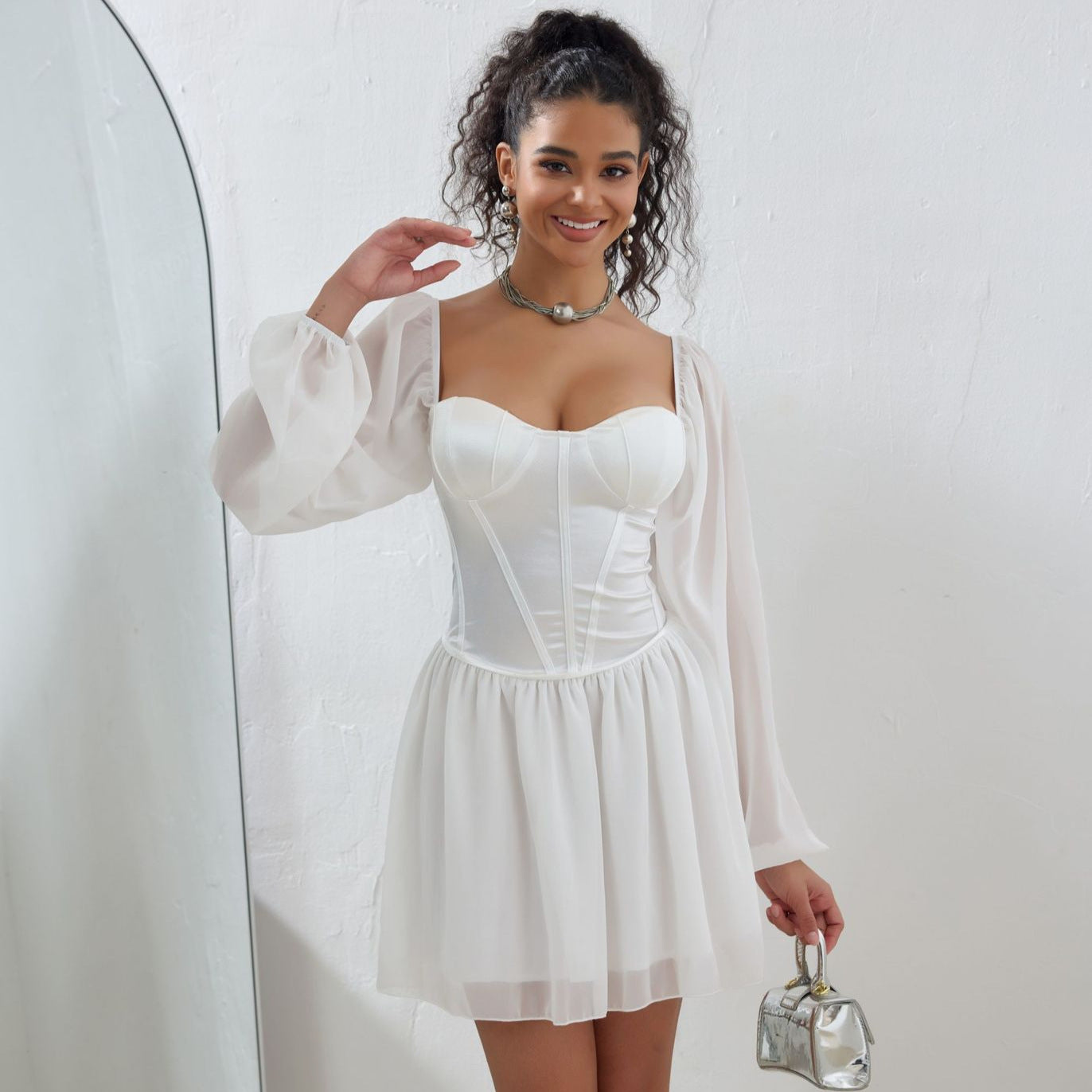 Corset Sweetheart Neck Sheer Balloon Sleeve Mesh Overlay Fit and Flare Mini Dress