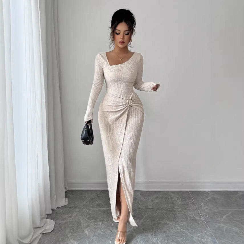 Knitted Slim Long Sleeve Split Dress Women Elegant Sheath Dress