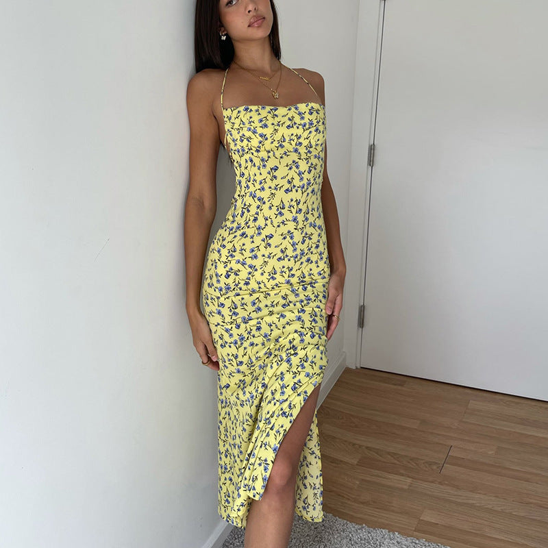 Halter Neck Floral High Split Backless Slip Maxi Dress