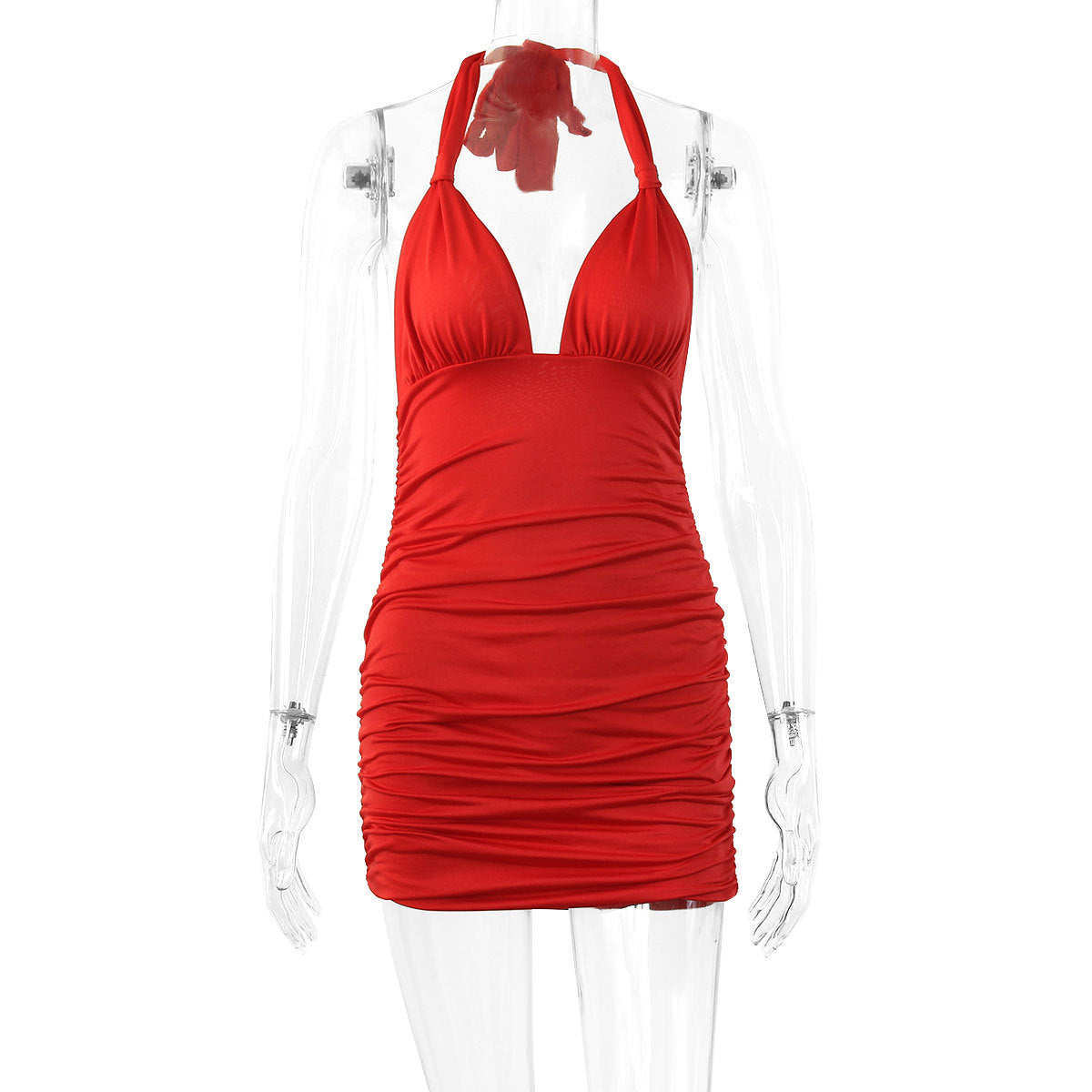 Summer Deep V-neck Halter Lace-up Backless Pleated Dress - View 5