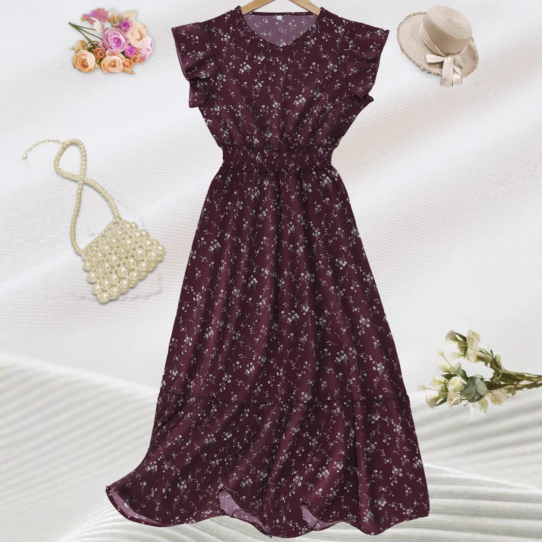 Elegant Floral Dress Lady V neck Smocking Back Waist Elastic a Swing Short Sleeve Dress