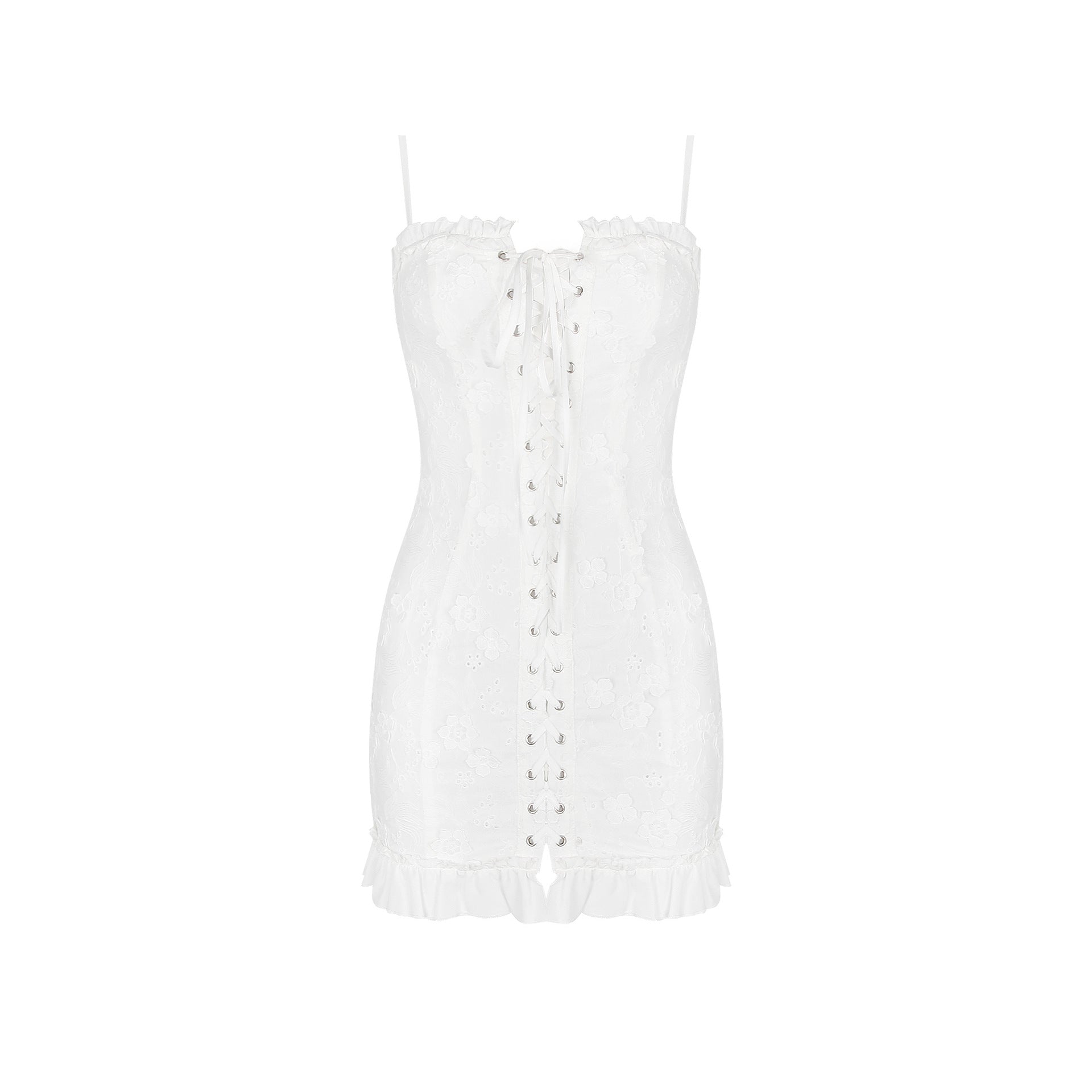 Lace Eyelet Spaghetti Strap Lace Up Ruffle Hem Bodycon Mini Dress