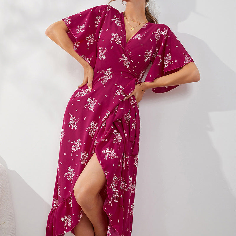Floral Print Wrap V-Neck Flutter Sleeve Ruffle High Low Midi Dress 3