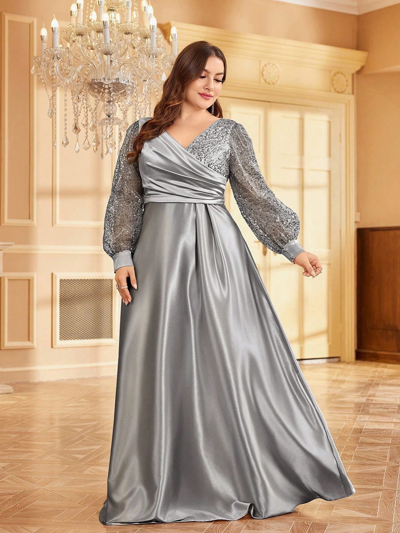 Satin V-Neck Bishop Sleeve Sequin Wrap A-Line Formal Gown