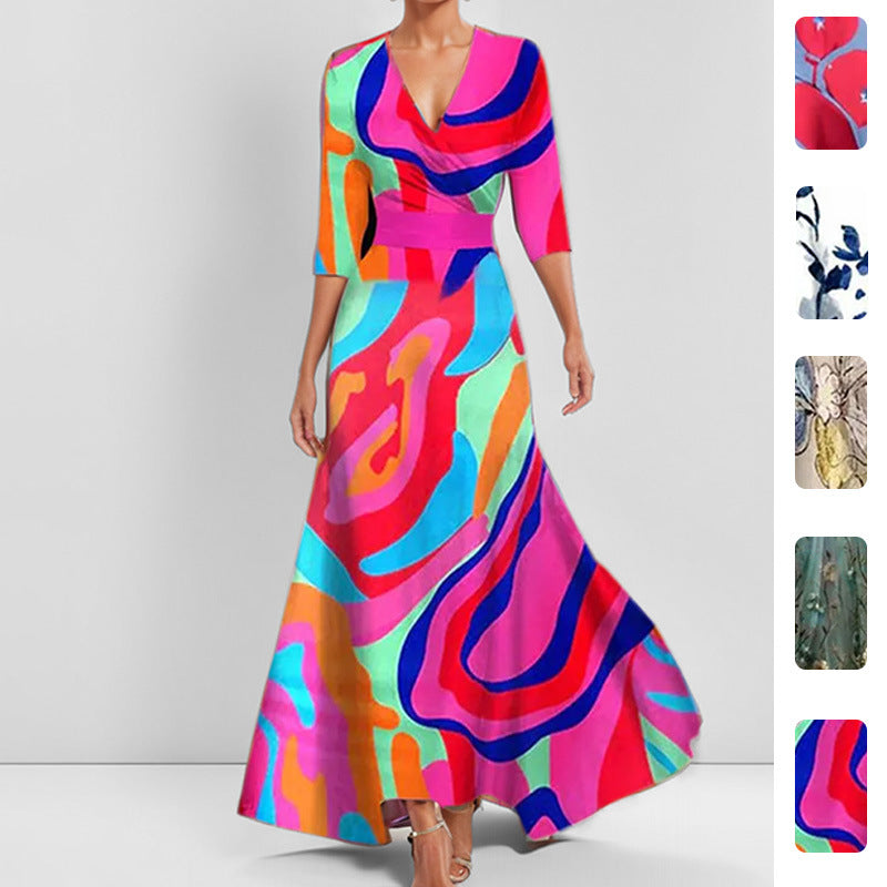Abstract Print Deep V-Neck Wrap Maxi Dress