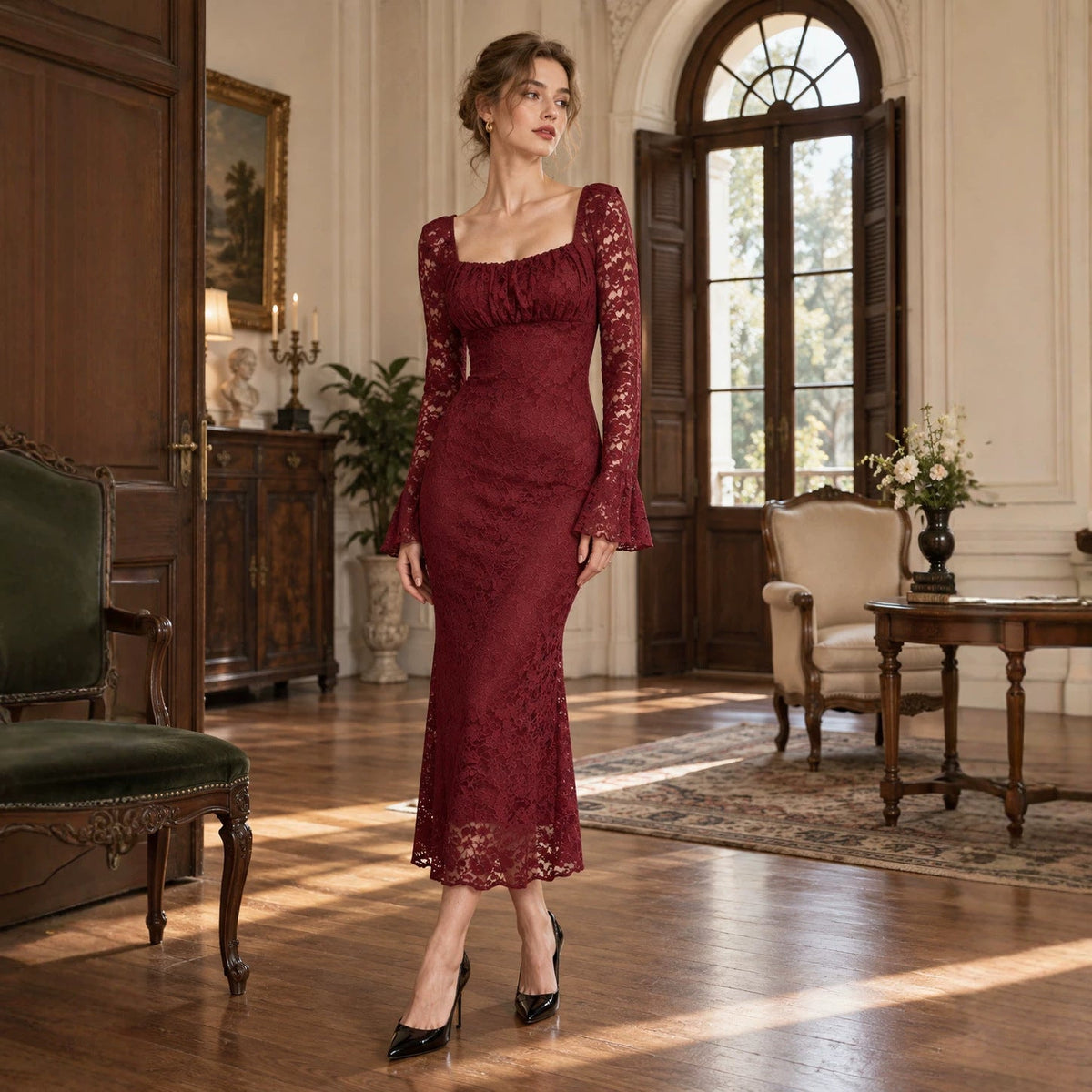 Lace Square Neck Ruched Bust Flare Sleeve Bodycon Maxi Dress 2