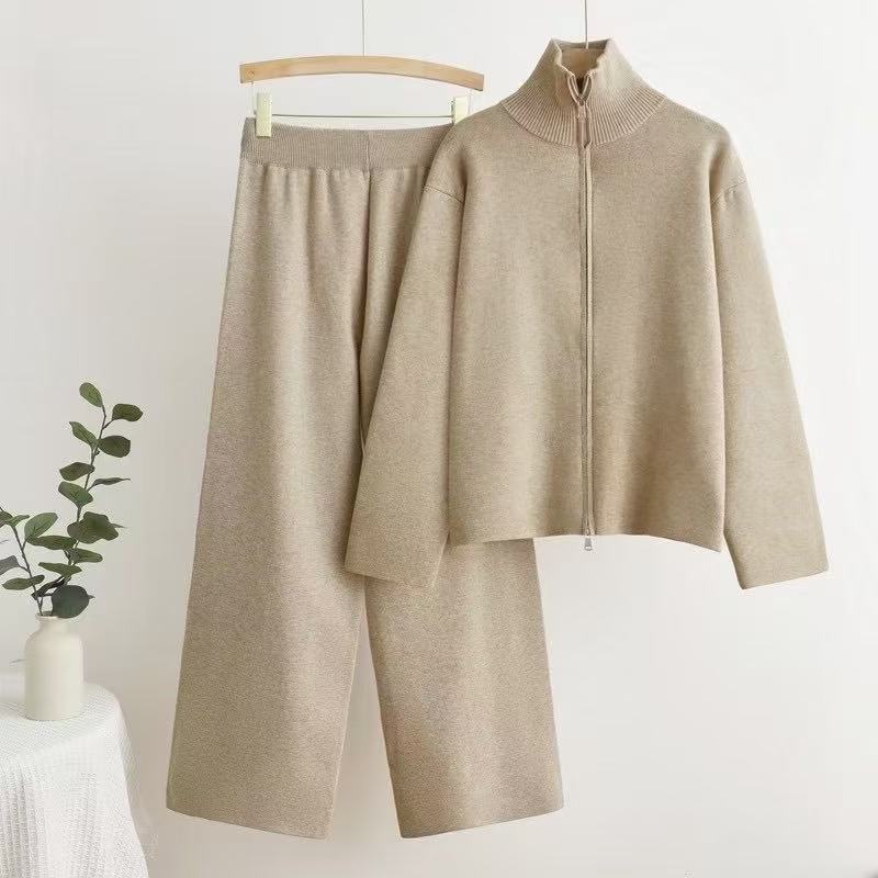 Ribbed Knit Zip Front Mock Neck Long Sleeve Wide Leg Two Piece Set