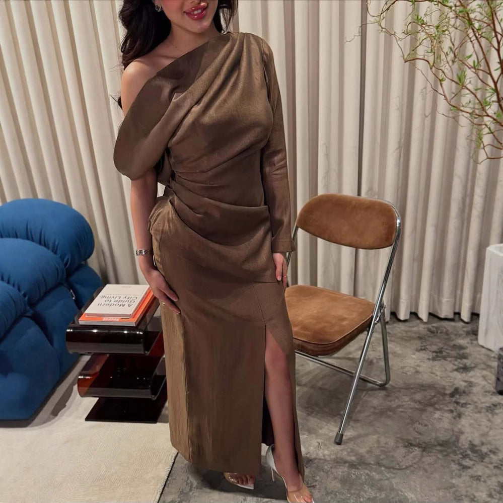 Satin One Shoulder Long Sleeve Ruched High Split Maxi Dress 3