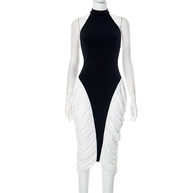 Halter Neck Ruched Draped Asymmetric Bodycon Midi Dress