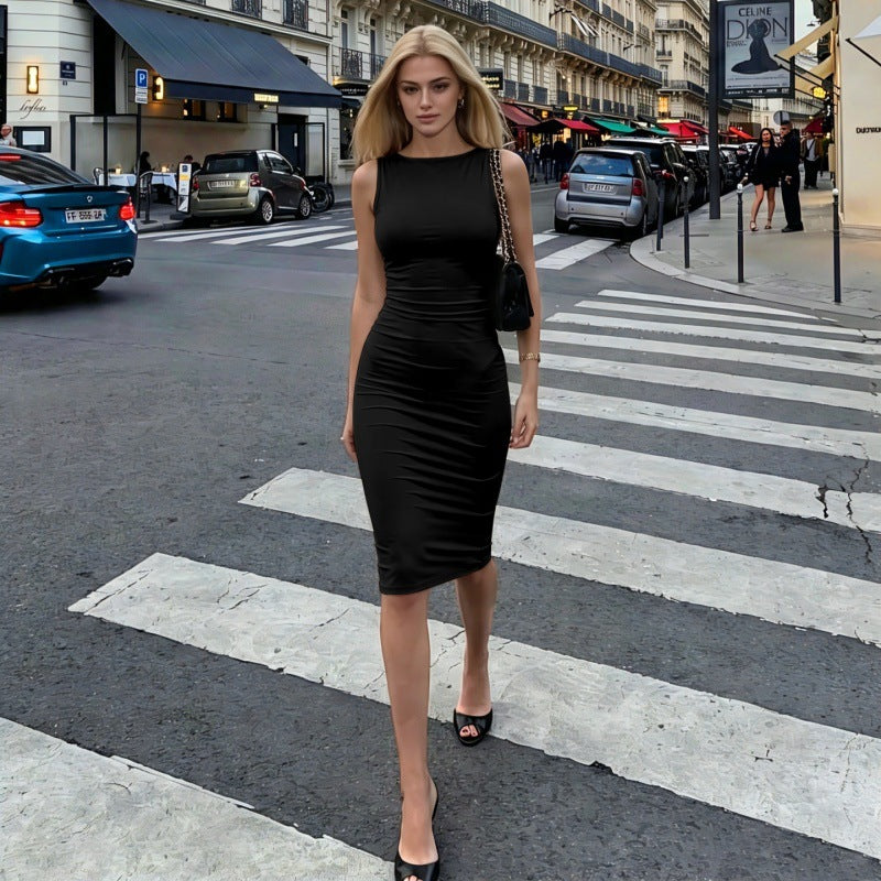 Women Summer Solid Color Sleeveless off Neck Pleated Waist Sexy Sheath Dress