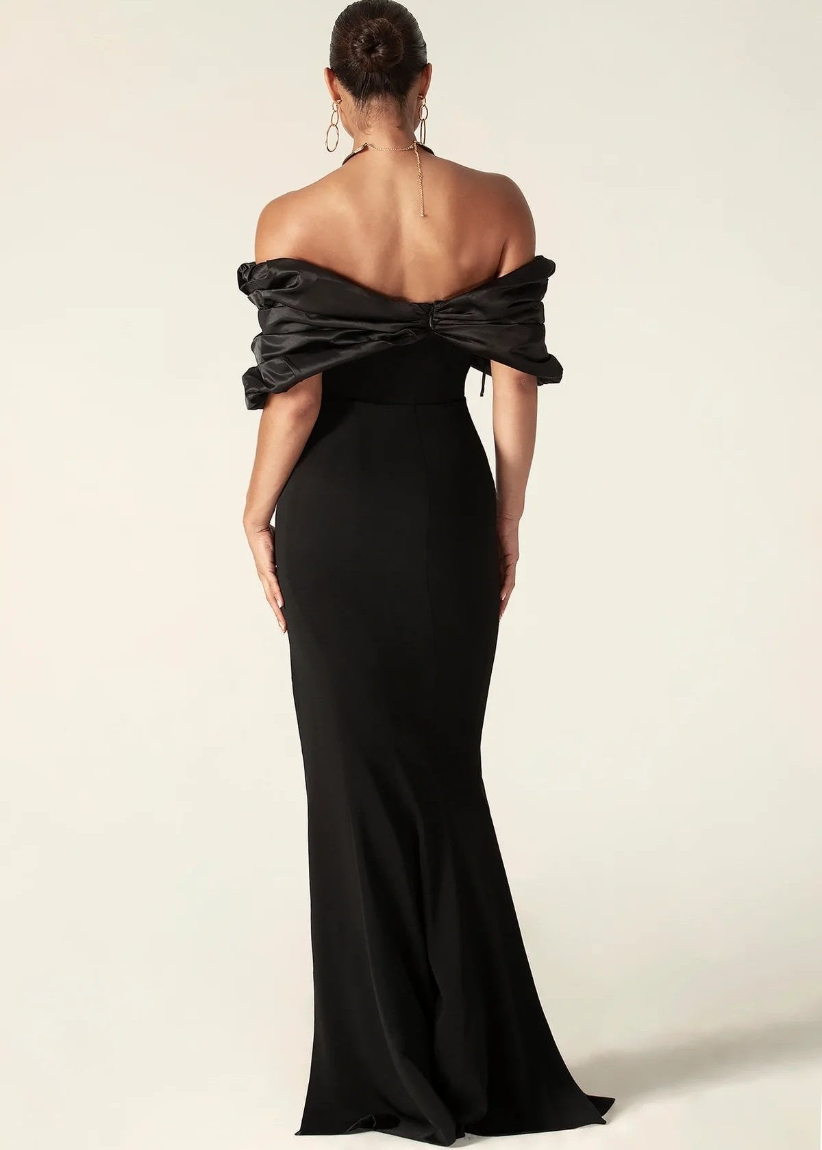 Satin Off Shoulder Sweetheart Ruffle Bodice High Split Column Maxi Gown