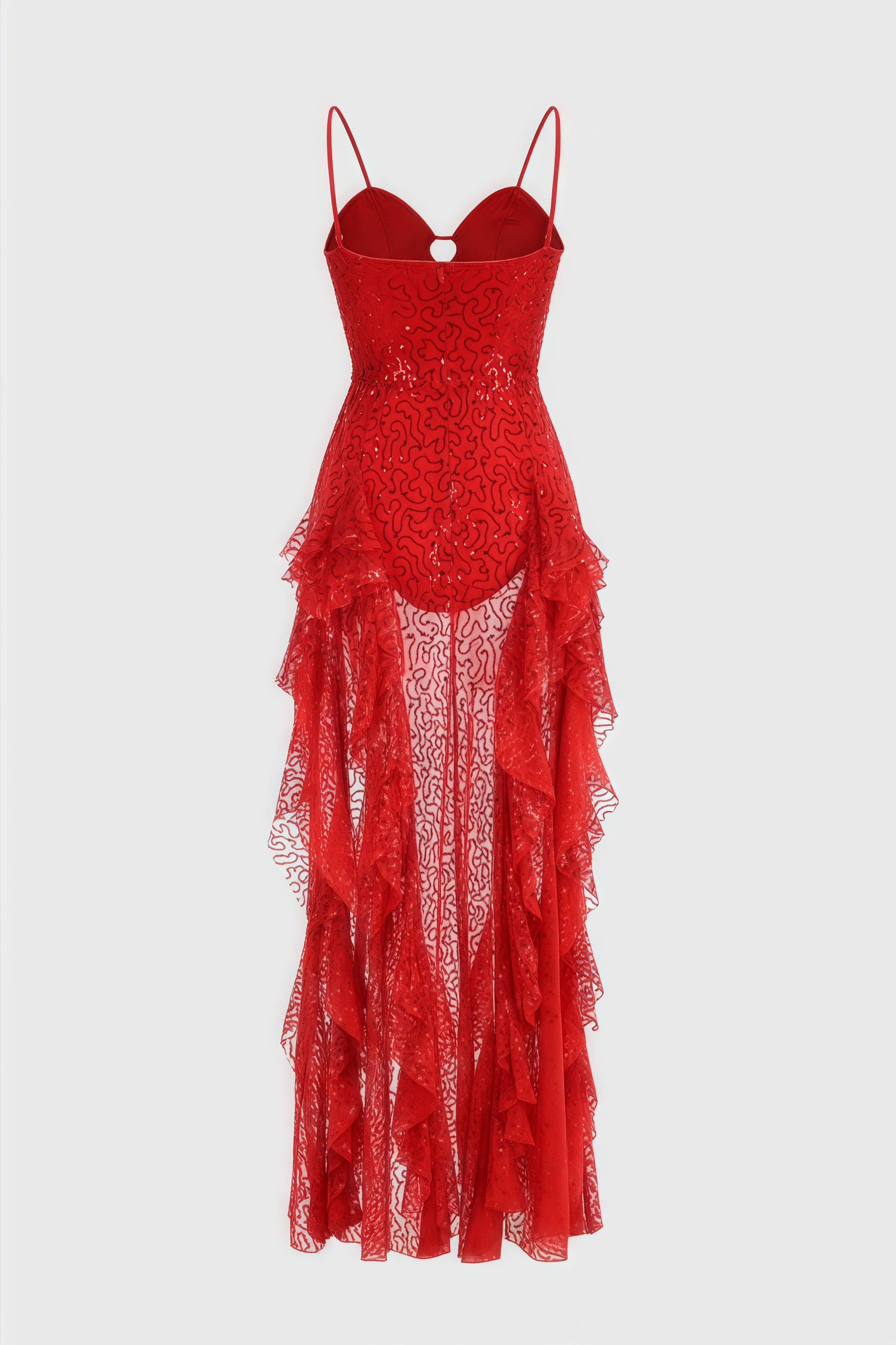 Sequin Spaghetti Strap Sweetheart Ruffle High Low Maxi Dress