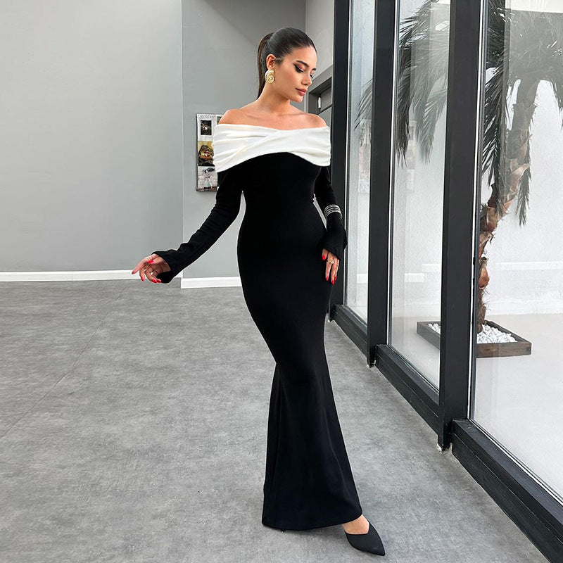 Color Matching off the Shoulder Waist Slimming Dress
