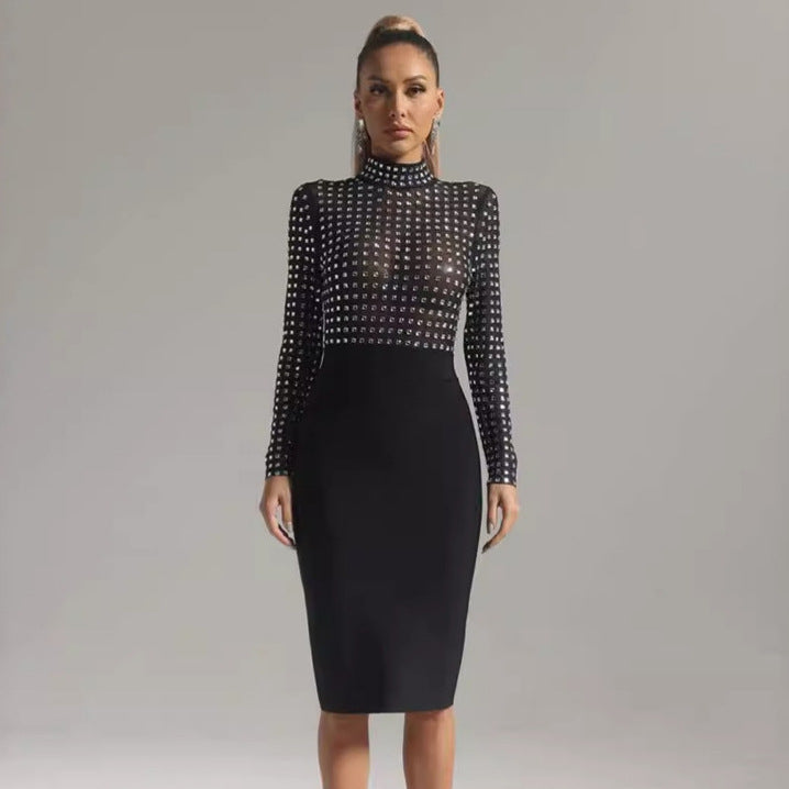 Rhinestone Mesh Mock Neck Long Sleeve Bandage Pencil Midi Dress