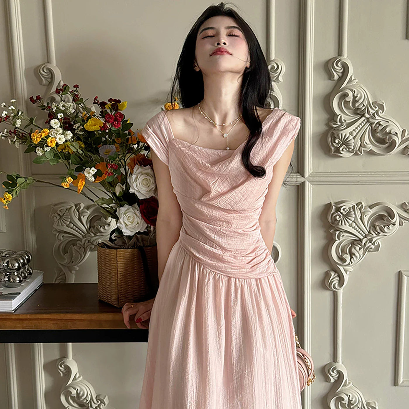 Off Shoulder Ruched Satin A-Line Midi Dress 7