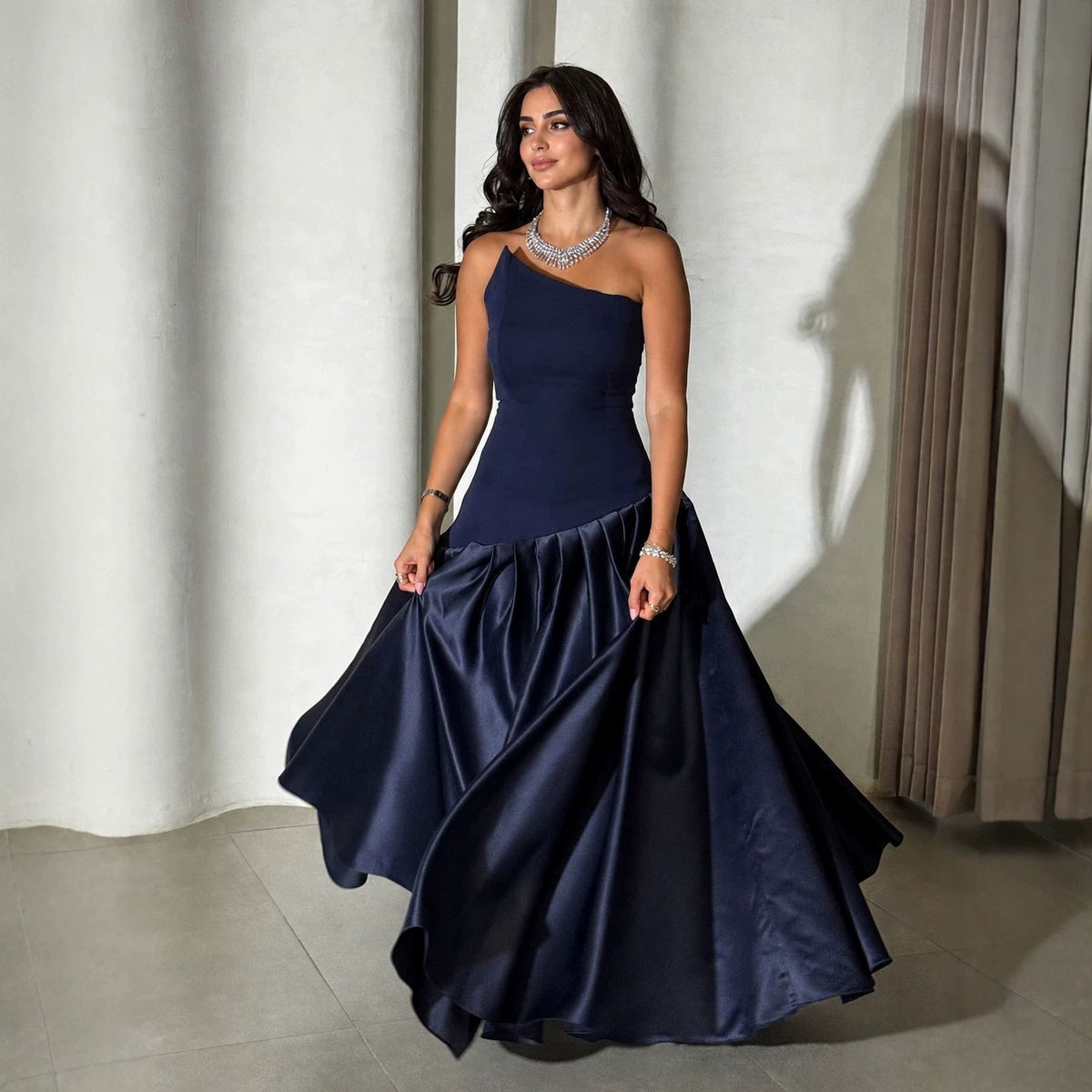 Dark Blue One Shoulder Waist Evening Dress Women Cocktail Dress Long Satin Elegant Dress