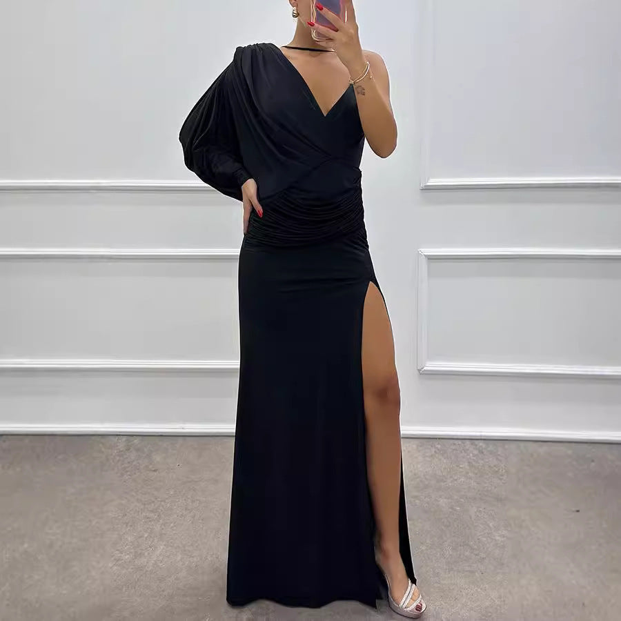 Asymmetric One Sleeve Deep V-Neck Ruched High Split Knit Maxi Gown