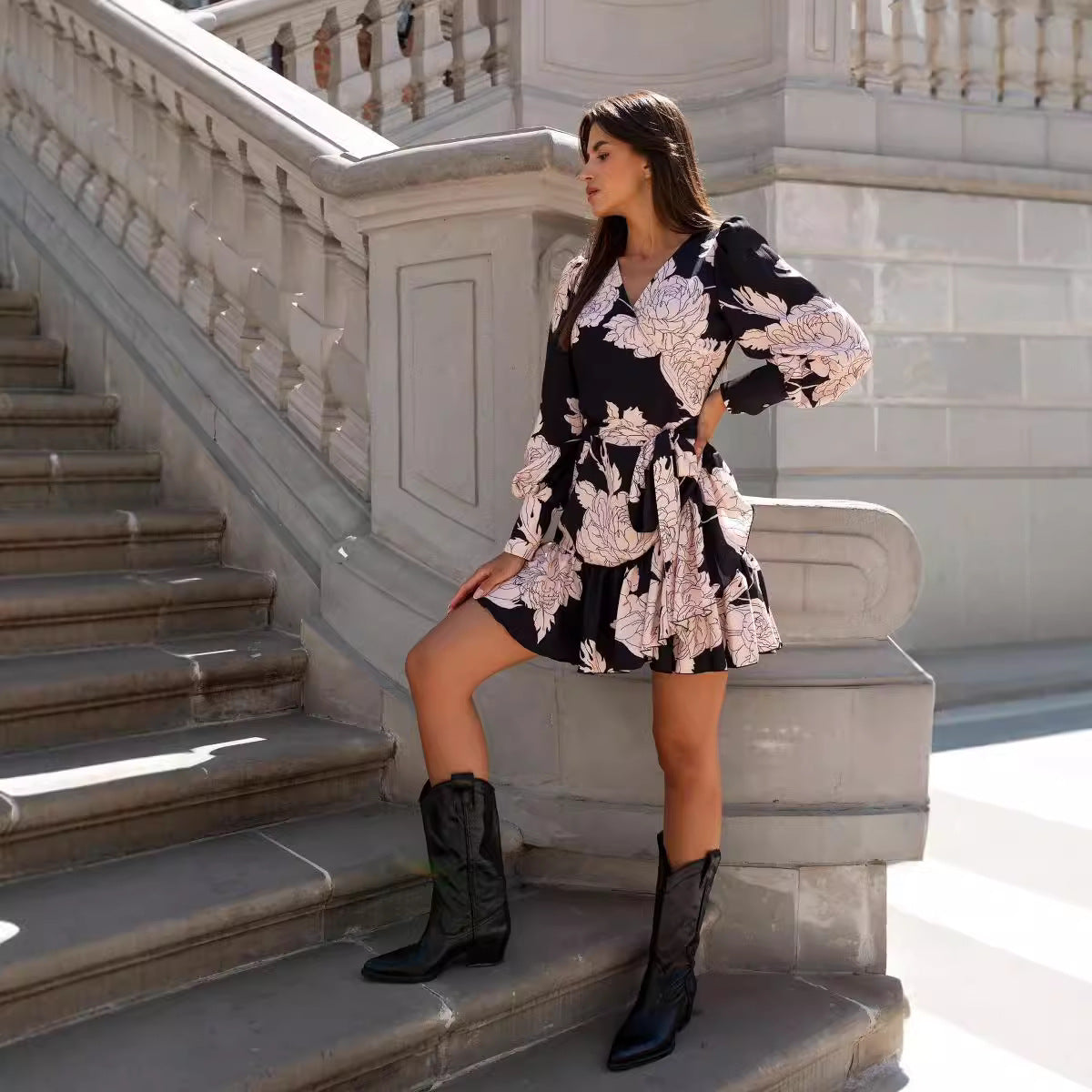 Leopard Print Wrap V-Neck Long Sleeve Ruffle Hem Mini Dress 3