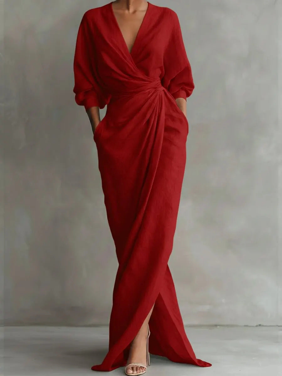 Deep V-Neck Long Sleeve Wrap Ruched High Split Maxi Dress 7