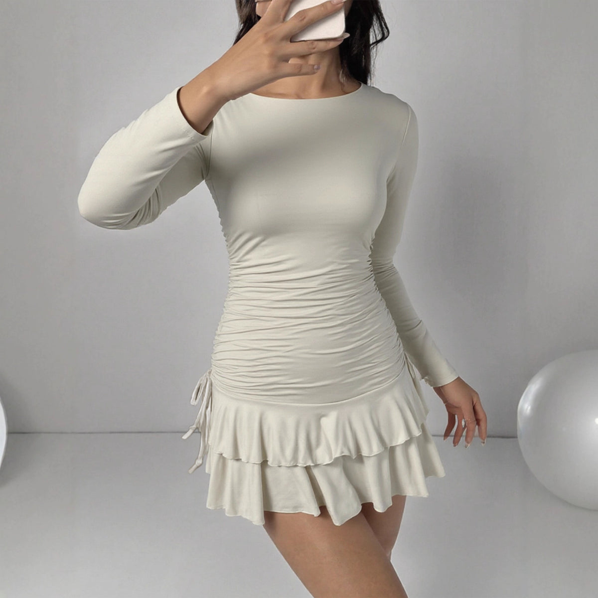 Crew Neck Long Sleeve Ruched Drawstring Tiered Ruffle Hem Mini Dress