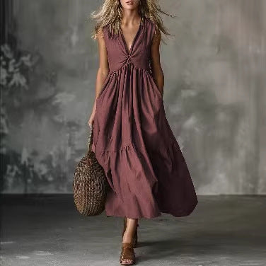 Deep V-Neck Sleeveless Twist Front Tiered Maxi Dress 3