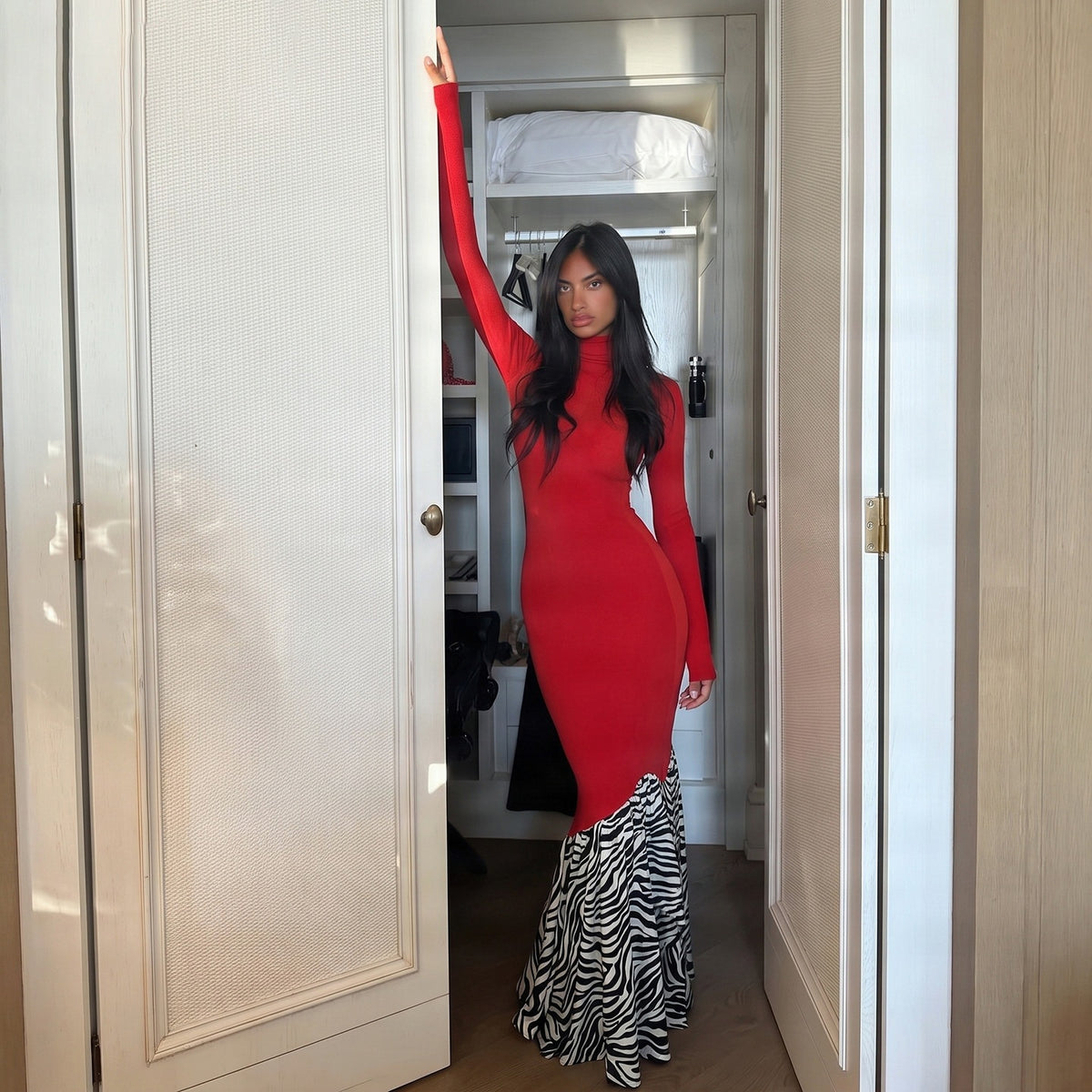 Women Clothing Zebra Pattern Color Contrast Patchwork Turtleneck Long Sleeve Sexy Waist Trimming Dress