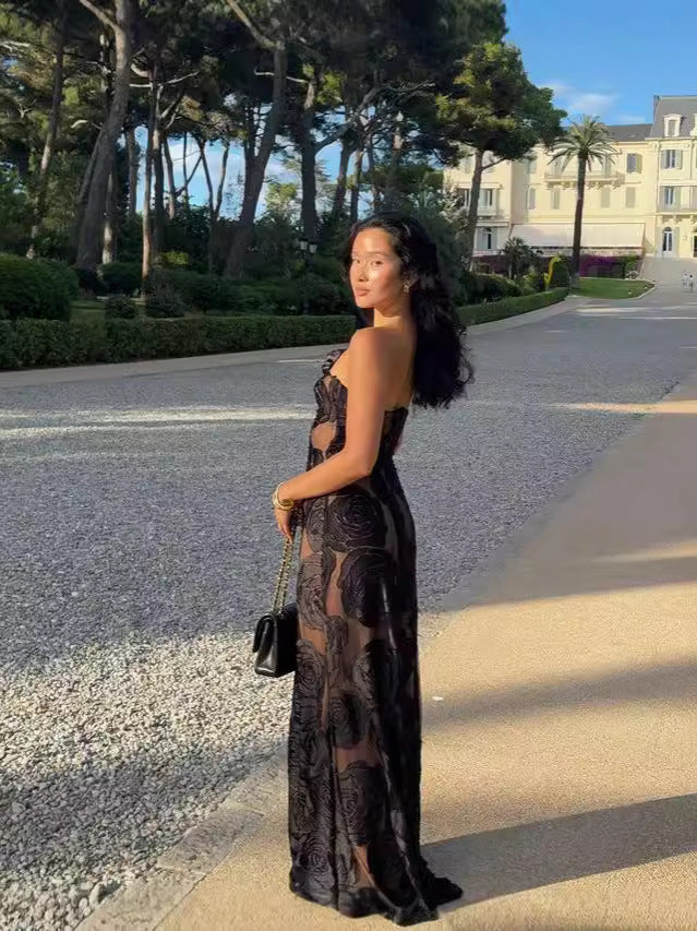 Floral Applique Spaghetti Strap Mesh Backless Slip Maxi Dress - View 3