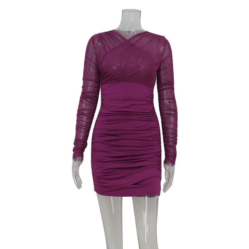 Mesh Crossover Mock Neck Long Sleeve Ruched Bodycon Mini Dress 2