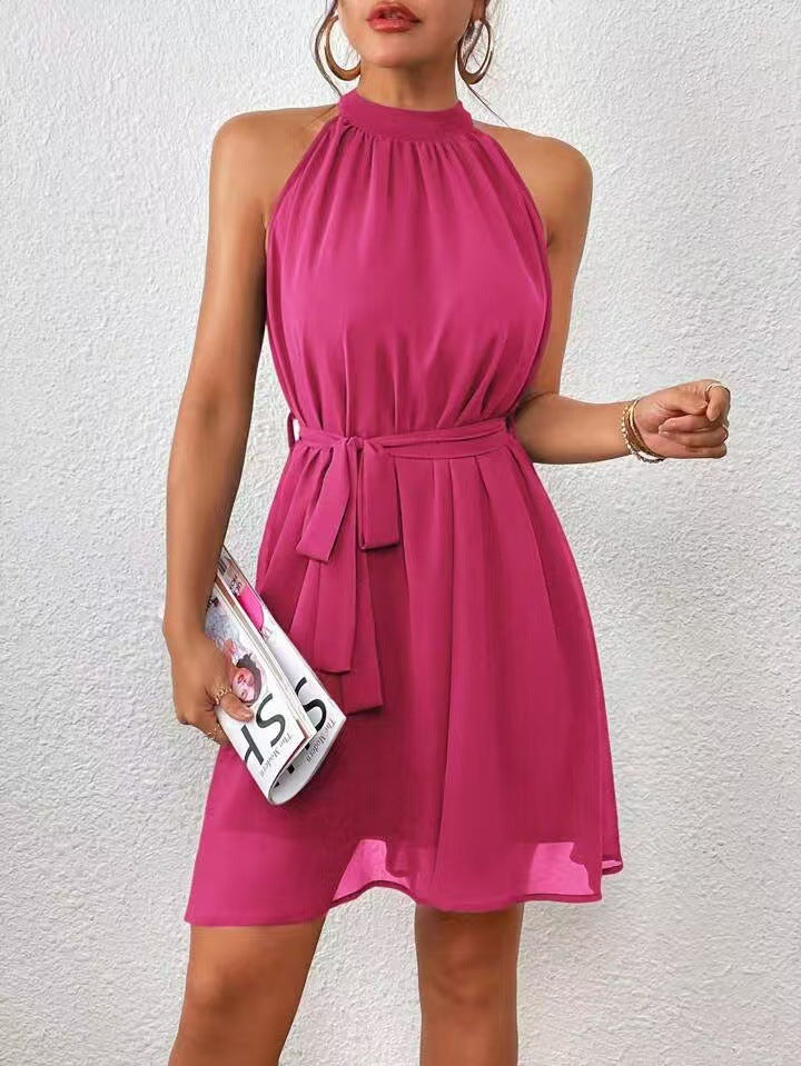 Chiffon Halter Neck Sleeveless Tie Waist A-Line Mini Dress 6